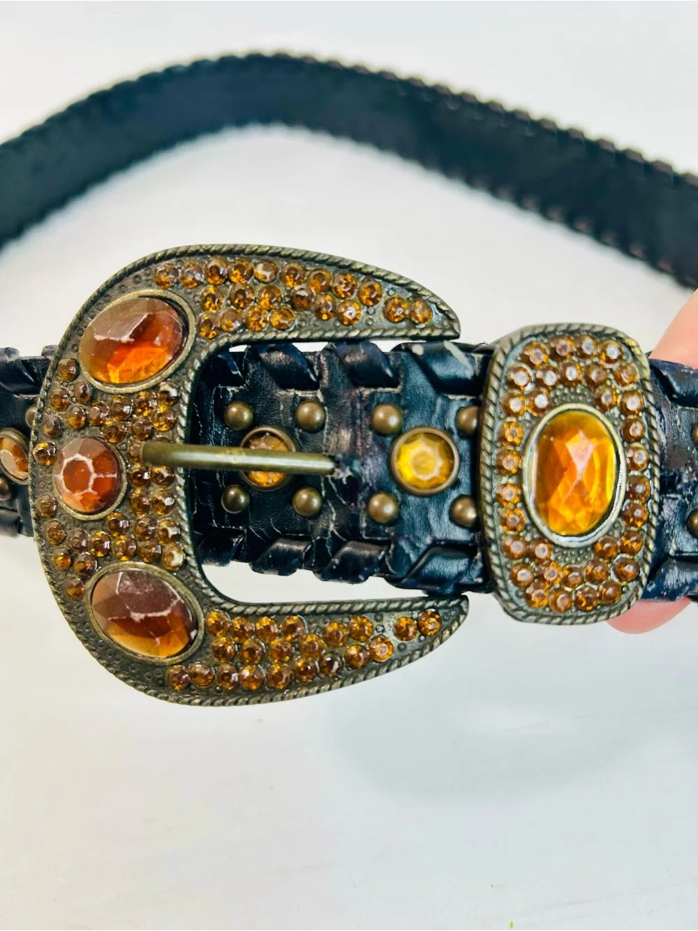Western Rhinestone Whipstitch Belt with Orange Stones and Black Faux Leather